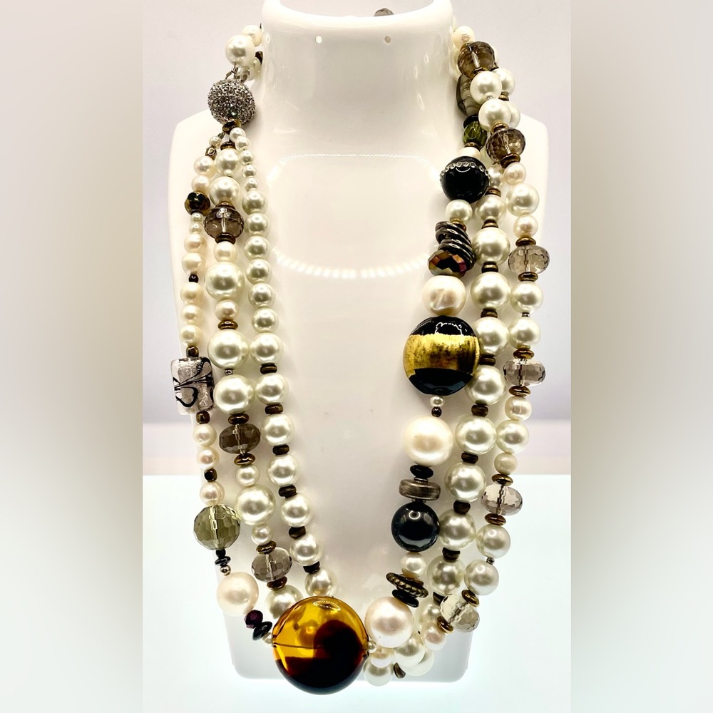 Vintage MultiStrand Glass Pearls Art Glass and Faceted Crystal Beaded Necklace